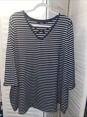 Ulla Popken Navy and White Striped V-Neck Tee with Crisscross Detail